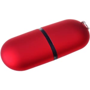 A red flash drive with a sleek, oval design and a black band, featuring a loop for attachment.