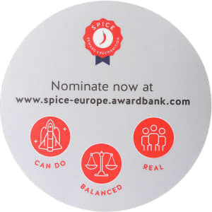 A round promotional mouse mat featuring a white surface with red icons and a logo.
