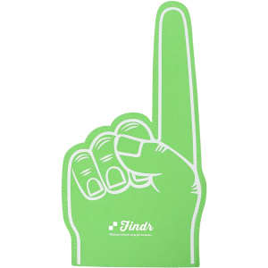 A giant foam hand in a bright green colour, shaped like a hand with a raised index finger. It features a logo.