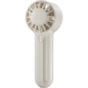 A mini handheld fan in a soft white colour, featuring a circular fan head and a compact handle. It has a logo.