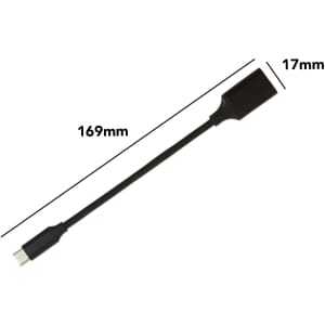 A black USB 3.0 to USB C OTG adapter with a length of 169mm and width of 17mm.