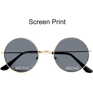 Retro round sunglasses with gold frames and dark lenses. Features a logo on the lens.