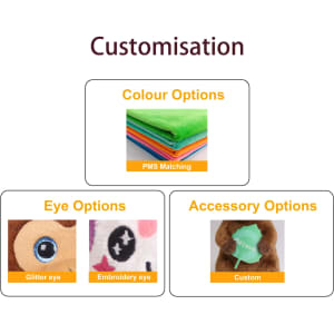 A display of customisation options for a plush toy, featuring various colour, eye, and accessory choices.