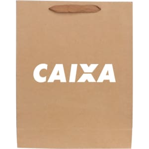 A medium brown paper bag with fabric flat handles, featuring a logo on the front.