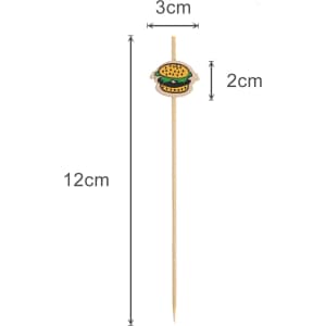 A pack of 100 custom bamboo skewers, featuring a hamburger top design, measuring 12 cm in length with a natural colour.