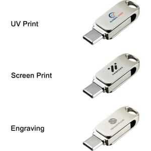 A silver Type-C flash drive with a swivel cover, featuring options for UV print, screen print, and engraving.
