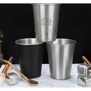 A drink bottle set featuring three stainless steel cups in silver and black, with a logo on one cup.