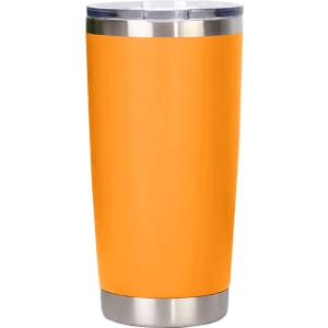 A drink bottle with a vibrant orange body and a stainless steel rim, featuring a logo on its surface.