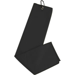 A black waffle golf towel with a hanging loop, displaying a textured surface. It has a logo on one side.