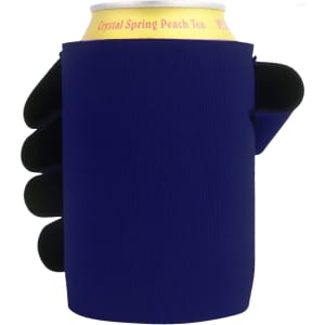 A stubby holder in navy blue, featuring a hand design, holding a can of drink.