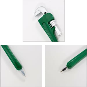 A green ballpoint pen shaped like a pipe wrench, featuring a detailed wrench design and a clip on the side.