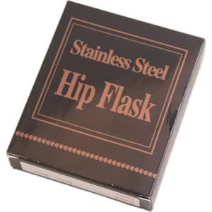 A stainless steel hip flask in a black box, featuring a logo on the packaging.