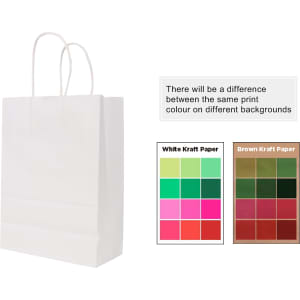 A white twisted handle kraft paper bag with a smooth finish and a logo visible on the front.