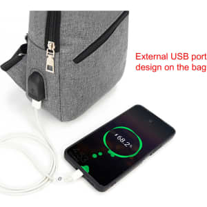 A grey travel sling chest bag with a USB port, paired with a charging phone displaying the battery percentage.