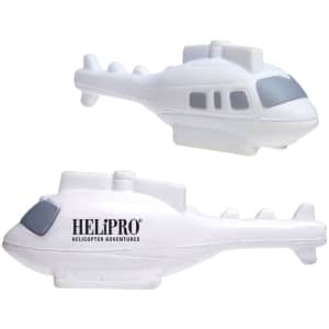 A white helicopter-shaped stress reliever with a logo on one side and a smooth finish, ideal for stress relief.