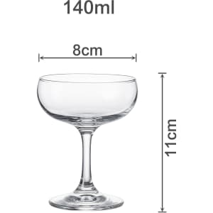 A clear glass Martini coupe with a capacity of 140ml, measuring 8cm in diameter and 11cm tall.