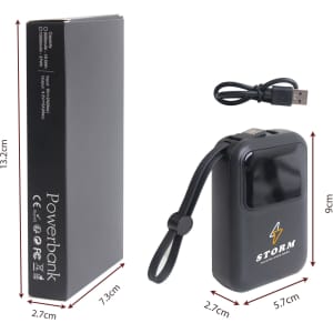A black 10000mAh eco portable fast charging power bank, accompanied by a USB cable and featuring a logo.