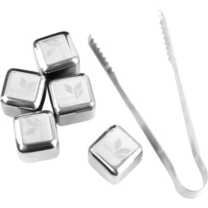 A stainless steel ice cube set featuring four silver cubes and a pair of tongs, all with a sleek design.