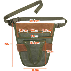 A green and brown garden tool waist pouch with multiple pockets and a strap, featuring a logo.