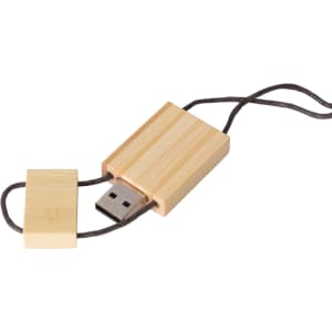 A wooden string flash drive in light brown, featuring a USB connector and an attached cord for easy carrying.