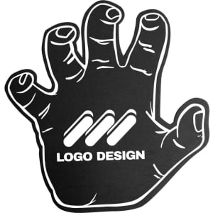 A black foam mitt in the shape of a hand, featuring a logo design in the centre.