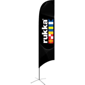 A black concave feather banner with a logo and colourful design, featuring a metal base for stability.