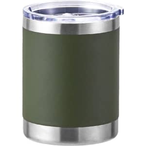 A drink bottle in olive green with a stainless steel base and a transparent lid. It features a logo on the surface.