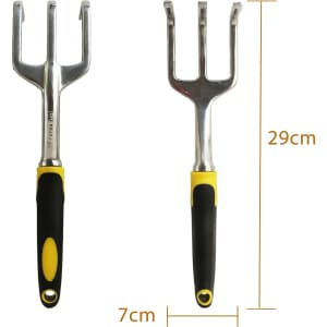 A garden hand tool set featuring a metal cultivator with a black and yellow ergonomic handle, measuring 29cm by 7cm.