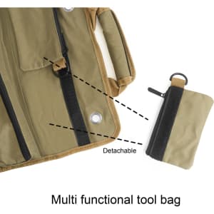 A multi-functional tool bag in olive green, featuring a detachable pouch and various compartments for organisation.