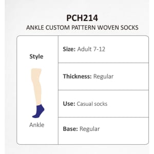 Ankle custom pattern woven socks in various colours, suitable for adults sizes 7-12, with a regular thickness.