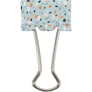 A binder clip with a light blue patterned design and metallic silver arms, featuring abstract shapes in various colours.