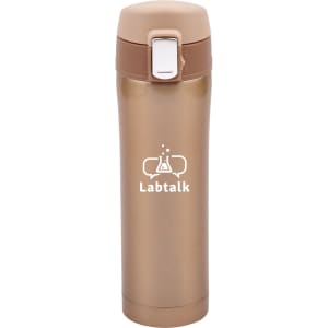 A drink bottle with a flip-top lid, featuring a stainless steel finish in gold and a logo on the front.