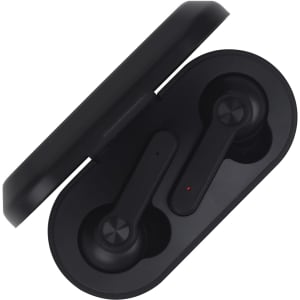 A pair of black wireless earbuds placed inside a sleek, black charging case. The case is slightly open.