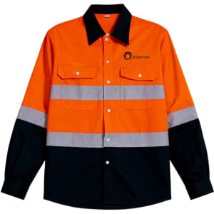 A unisex long-sleeve shirt in orange and black, featuring reflective stripes and a logo.