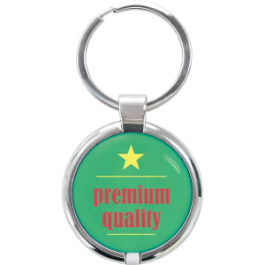 A round epoxy tag featuring a green background, with a metal keyring and a logo.