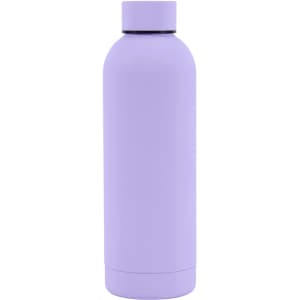A drink bottle featuring a rubber-coated exterior in lavender, designed with a double wall for insulation.