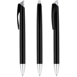 A set of three black plastic pens with silver tips and a branded logo. Each pen has a different design.