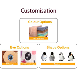 Custom penguin plush toy featuring various colour, eye, and shape options. Includes a branded logo.