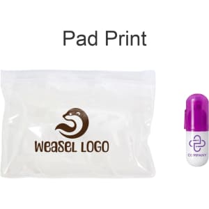 A purple capsule highlighter set in a clear pouch with a logo printed on it.