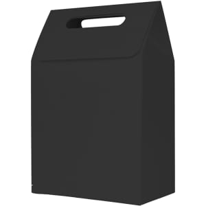 A black die cut handle bag with a top flap and a cut-out handle. The dimensions are 100x160x60mm.