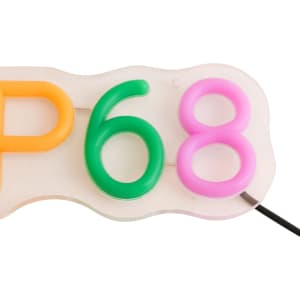 A neon LED sign featuring IP68 in orange, green, and pink colours with a black wire and a logo.