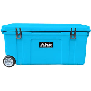 A blue cooler box with wheels and a branded logo, designed for convenient transport and storage.