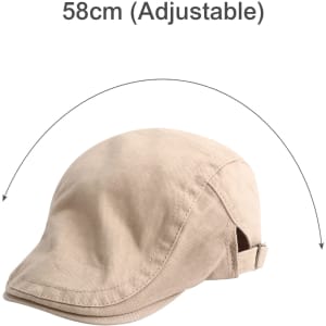 A beige beret hat with an adjustable size and a logo on the side.