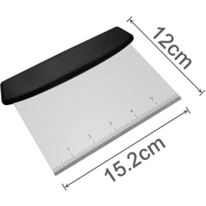 A bench scraper with a black plastic handle and a stainless steel blade, featuring measurement markings.