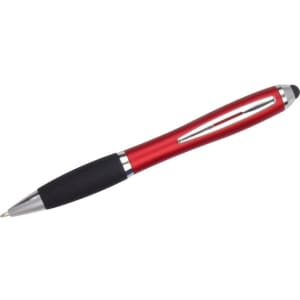 A red stylus pen with a silver clip and black grip, featuring a logo on the barrel.