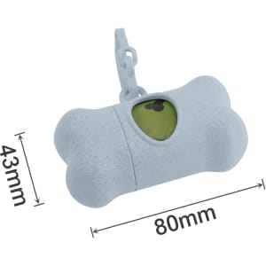A blue bone-shaped pet waste bag dispenser with a green opening, featuring a clip for attachment. Measures 80mm by 43mm.