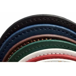A stack of PU coasters in various colours including black, blue, green, brown, and white, with detailed stitching.