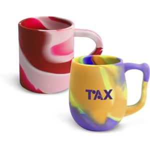 A set of custom silicone mugs in vibrant pink, red, yellow, and purple with unique marbled designs. One mug has a logo.