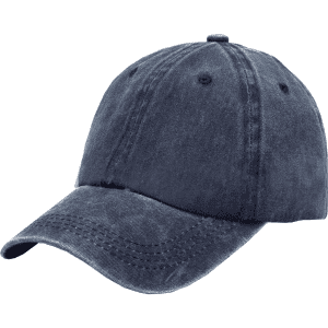 A vintage washed baseball cap in navy blue with a curved brim and an adjustable back. Features a logo.