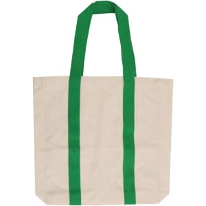 A natural canvas tote bag with green straps and a logo on the front.